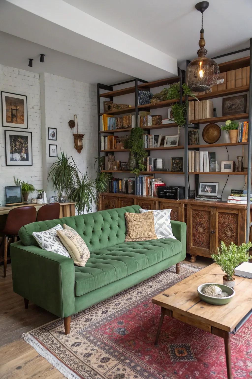 A varied assortment of styles creates a personalized area around a green couch.