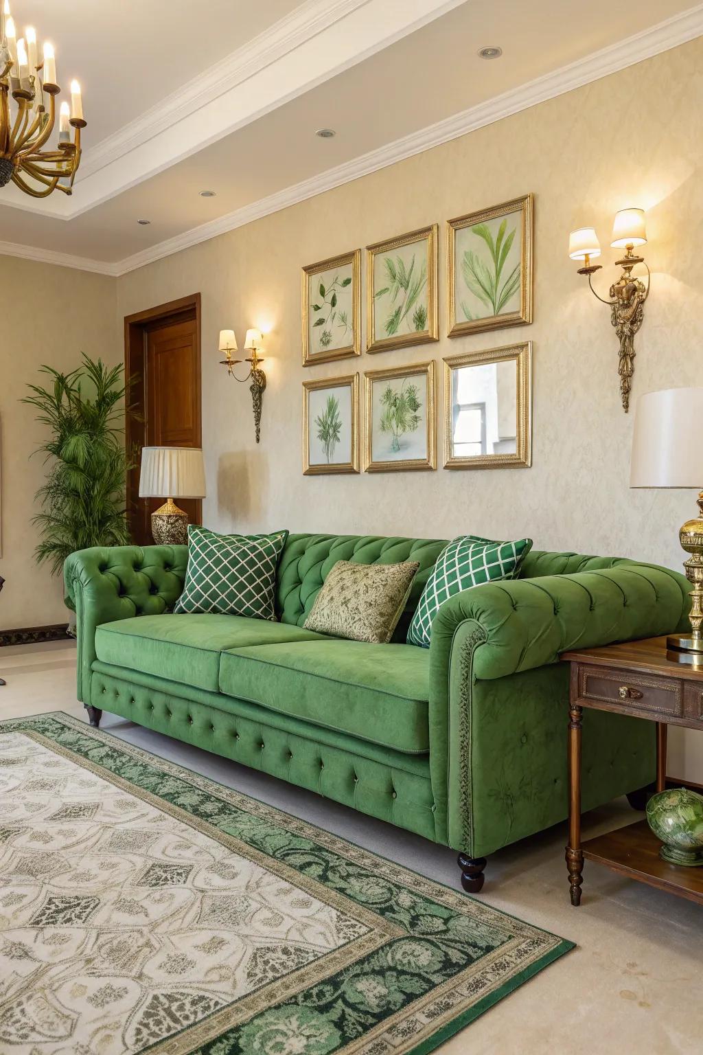 Verdant upholstery acts as a versatile centerpiece.