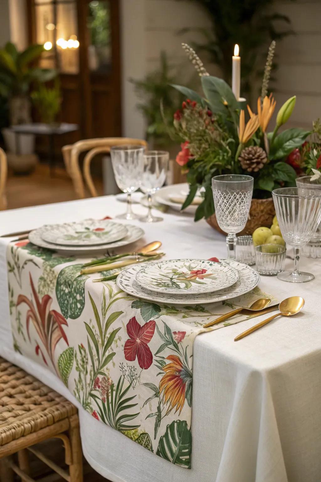 Botanical print linens building a garden-like sensation.