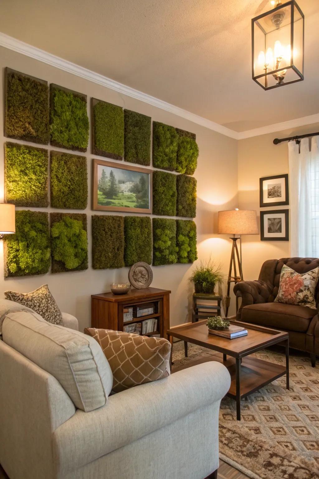 Moss wall highlights provide a lavish, organic feel without maintenance.