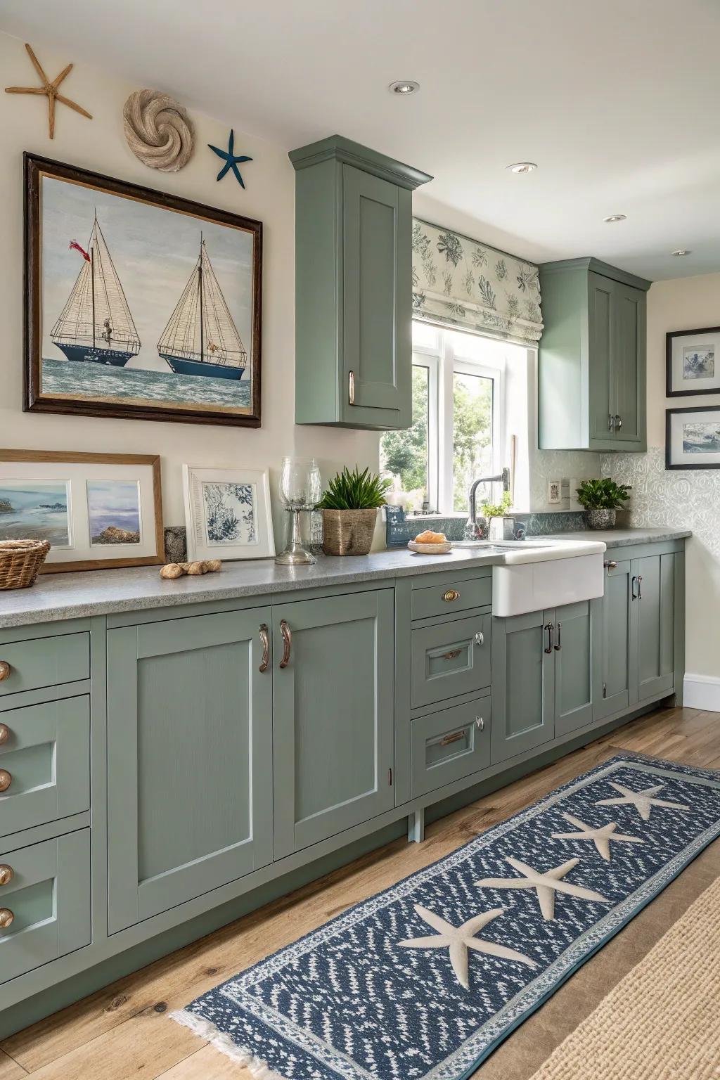 Oceanic decor infuses beachy vibes to grey-green cabinets.