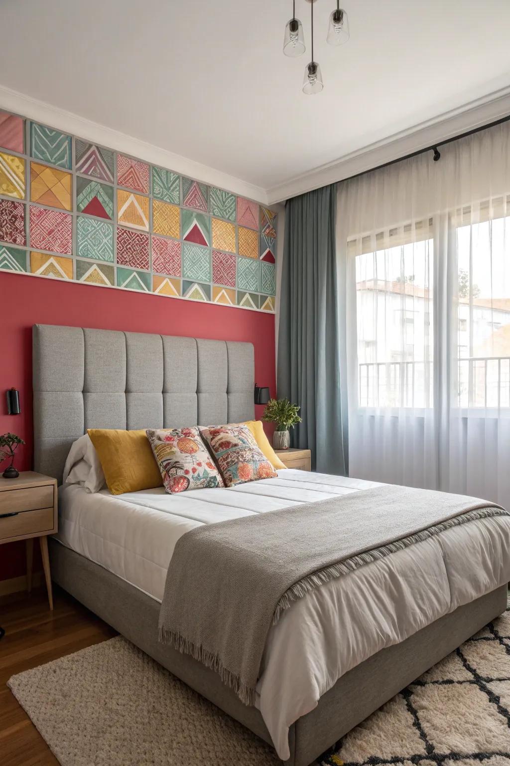 A captivating feature wall set behind a slate-toned headboard, introducing depth to the bedroom.