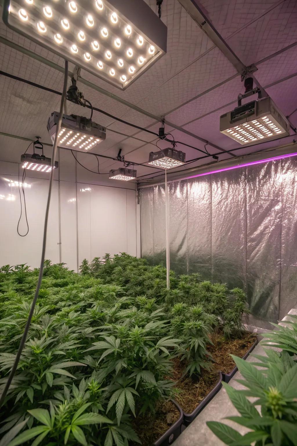 Reflective walls help distribute light evenly across your grow room.