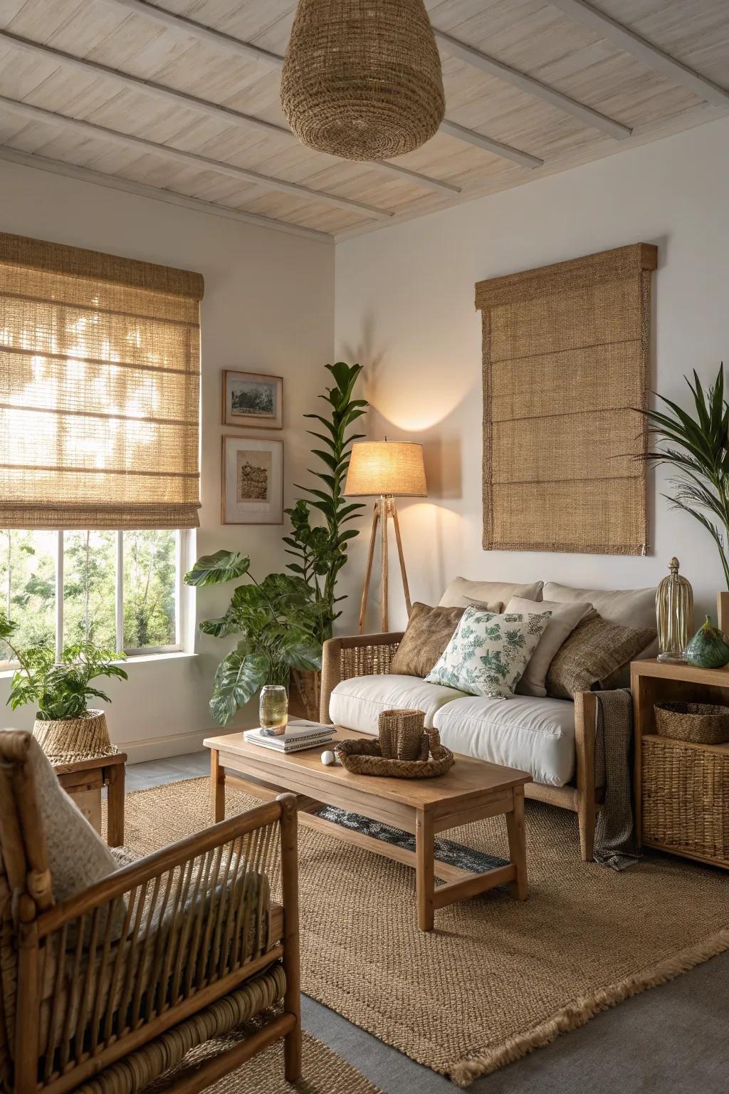 Tranquil living space featuring interwoven wood window fashions.