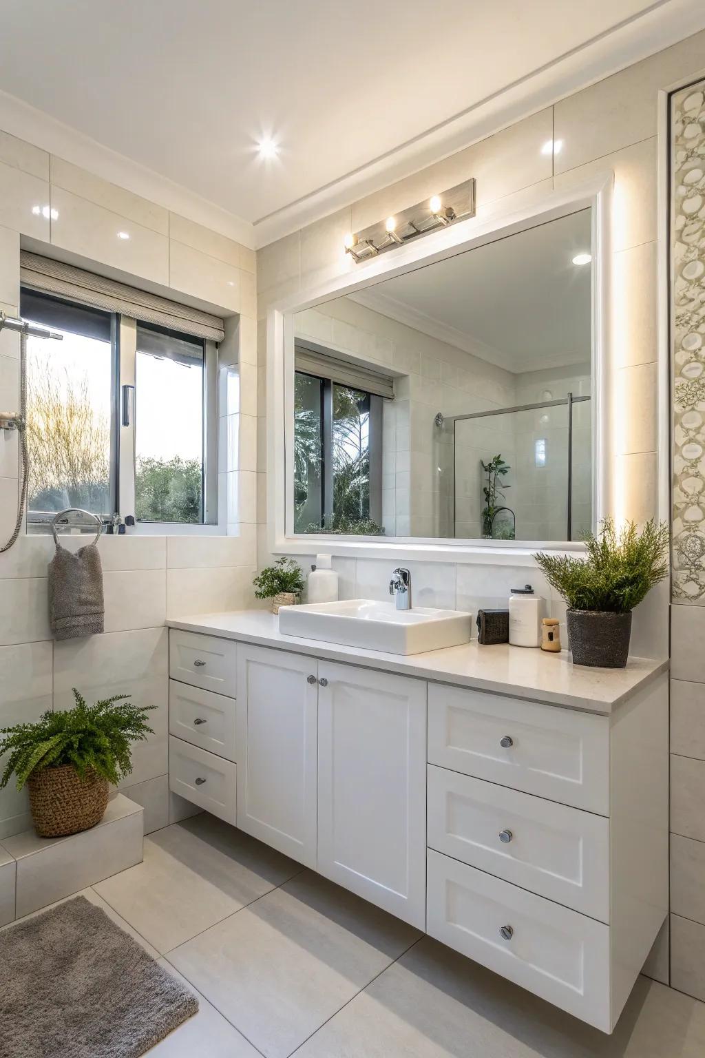 A corner sink efficiently maximizes space in a small guest bathroom.