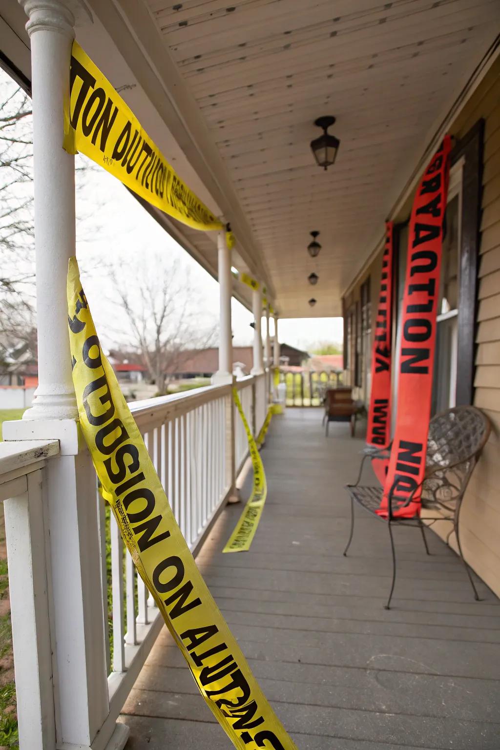 Handmade warning ribbon banners elevating the Halloween vibe.