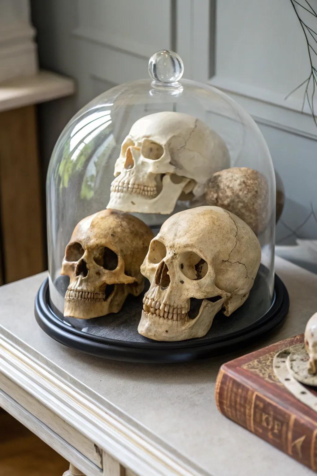 A traditional Halloween display dome filled with craniums.