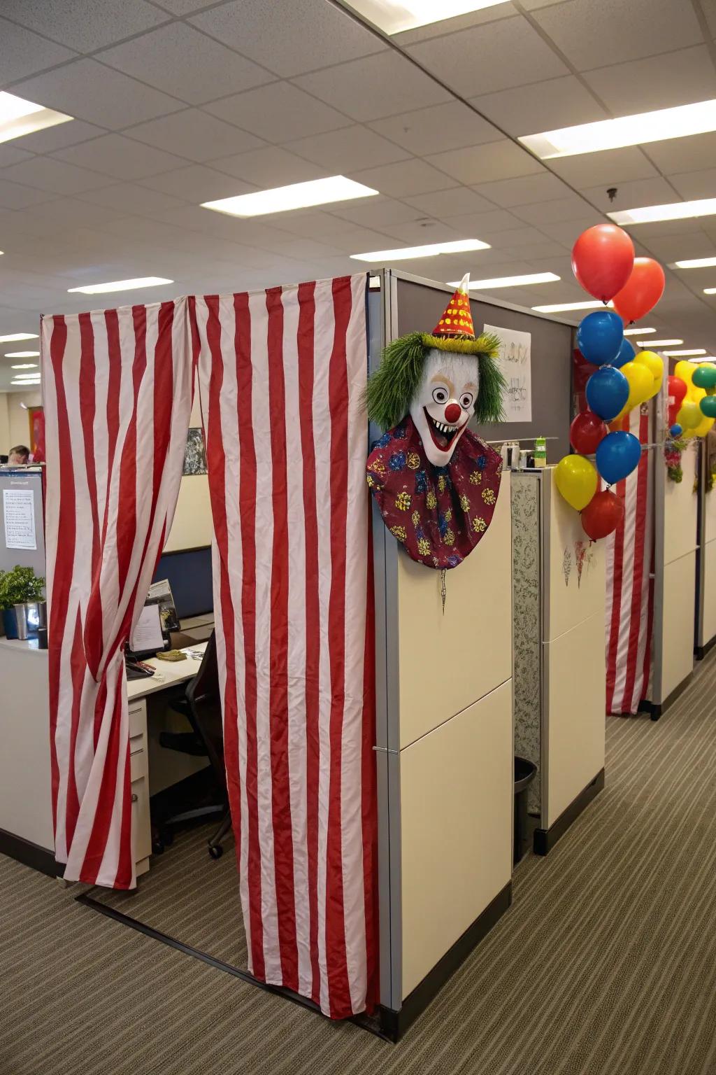 Immerse yourself in a funhouse of nightmares with vibrant and unsettling decor.