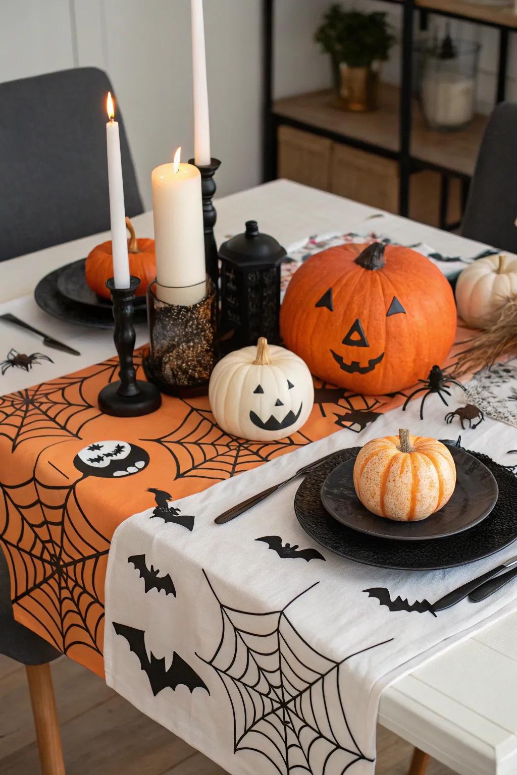 Arrange the table using spooky themed decor.
