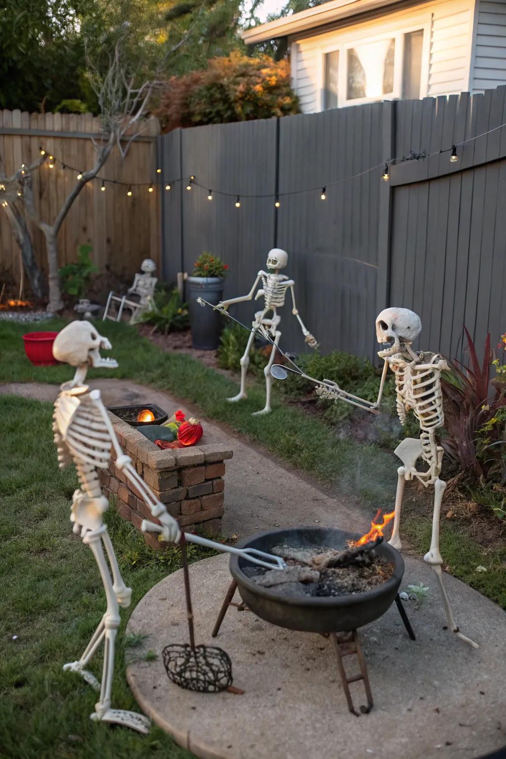 Hibachi grill skeletons present a spirited and singular spin to outdoor Halloween decor.