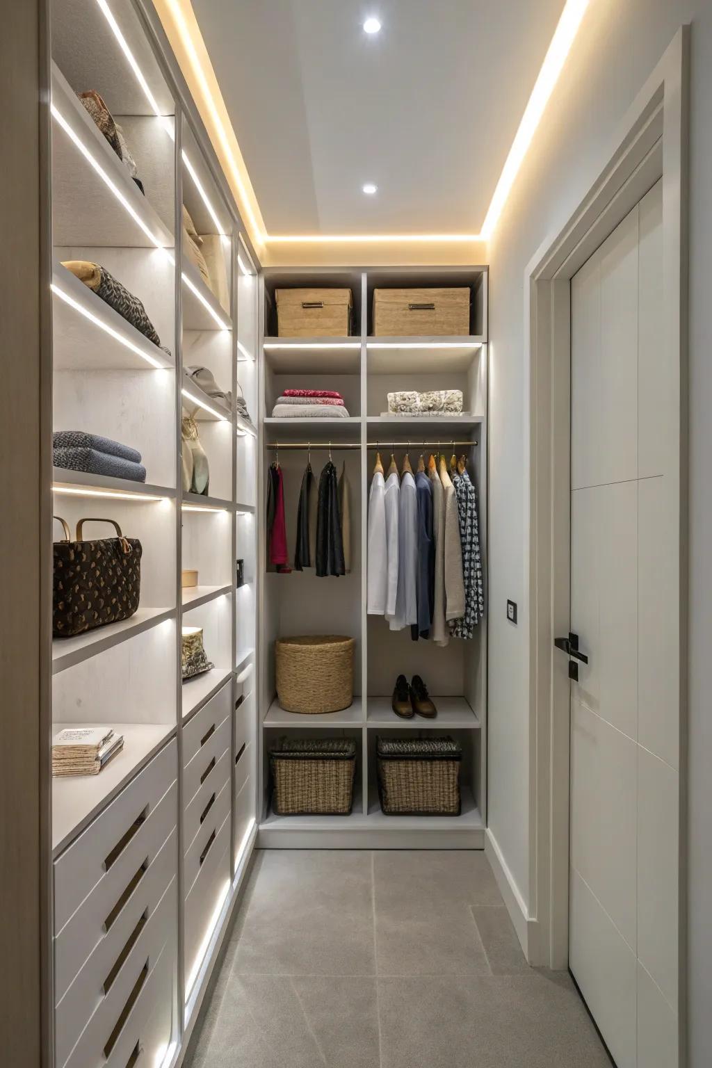 LED lighting in a hallway closet, enhancing visibility and usability.
