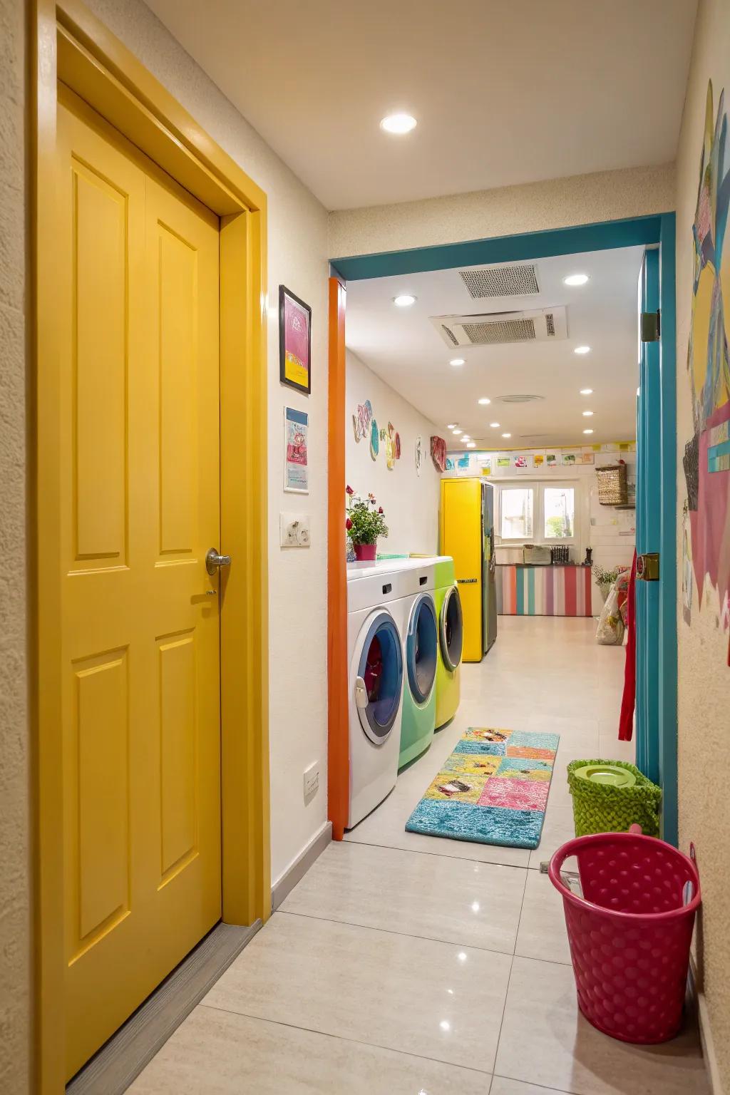 A boldly colored accessway incorporates a vibrant and playful touch to a hallway laundry room.