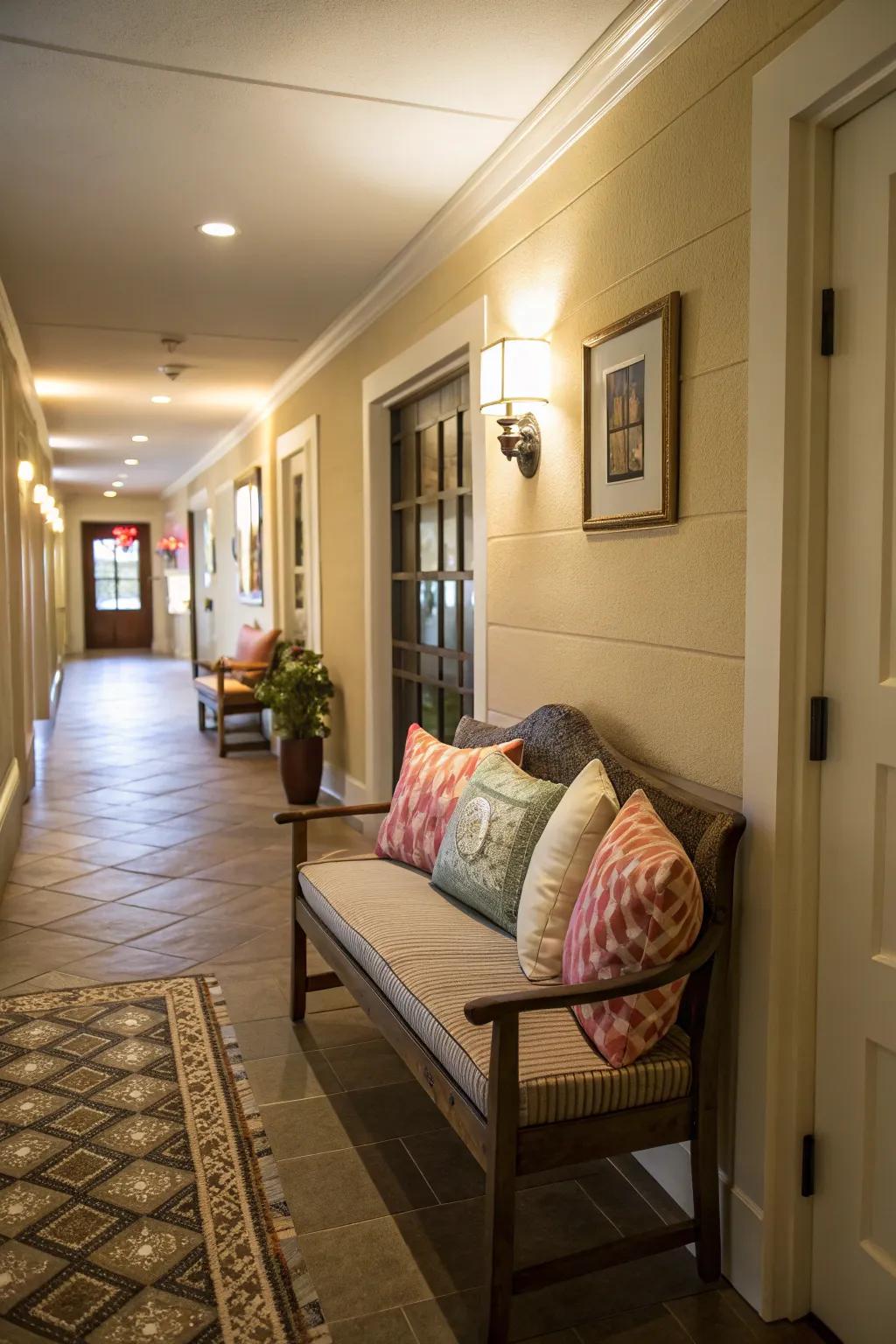 A seating area transforms your hallway into a welcoming and useful space.
