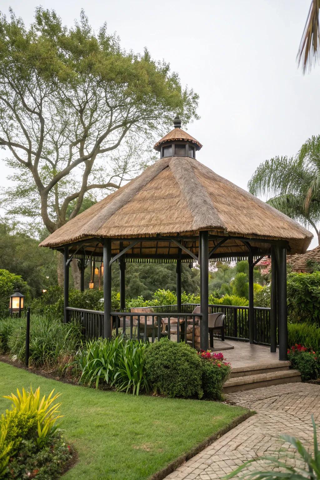 Embrace rustic charm with a thatched roof gazebo.