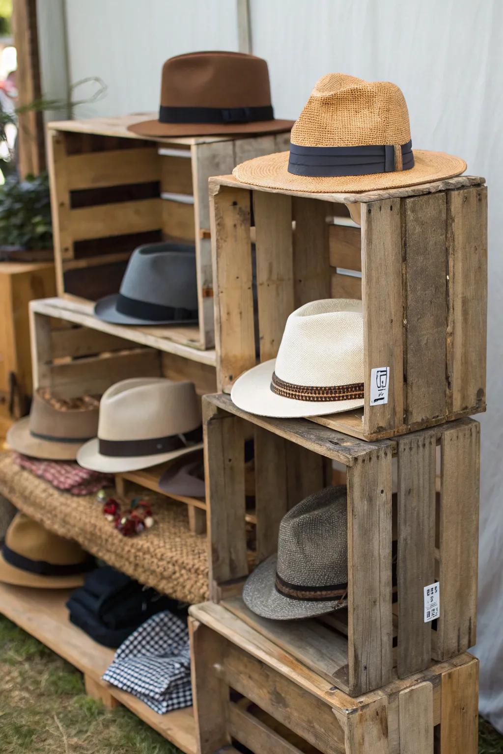 Rustic crates inject farmhouse allure to your hat display.