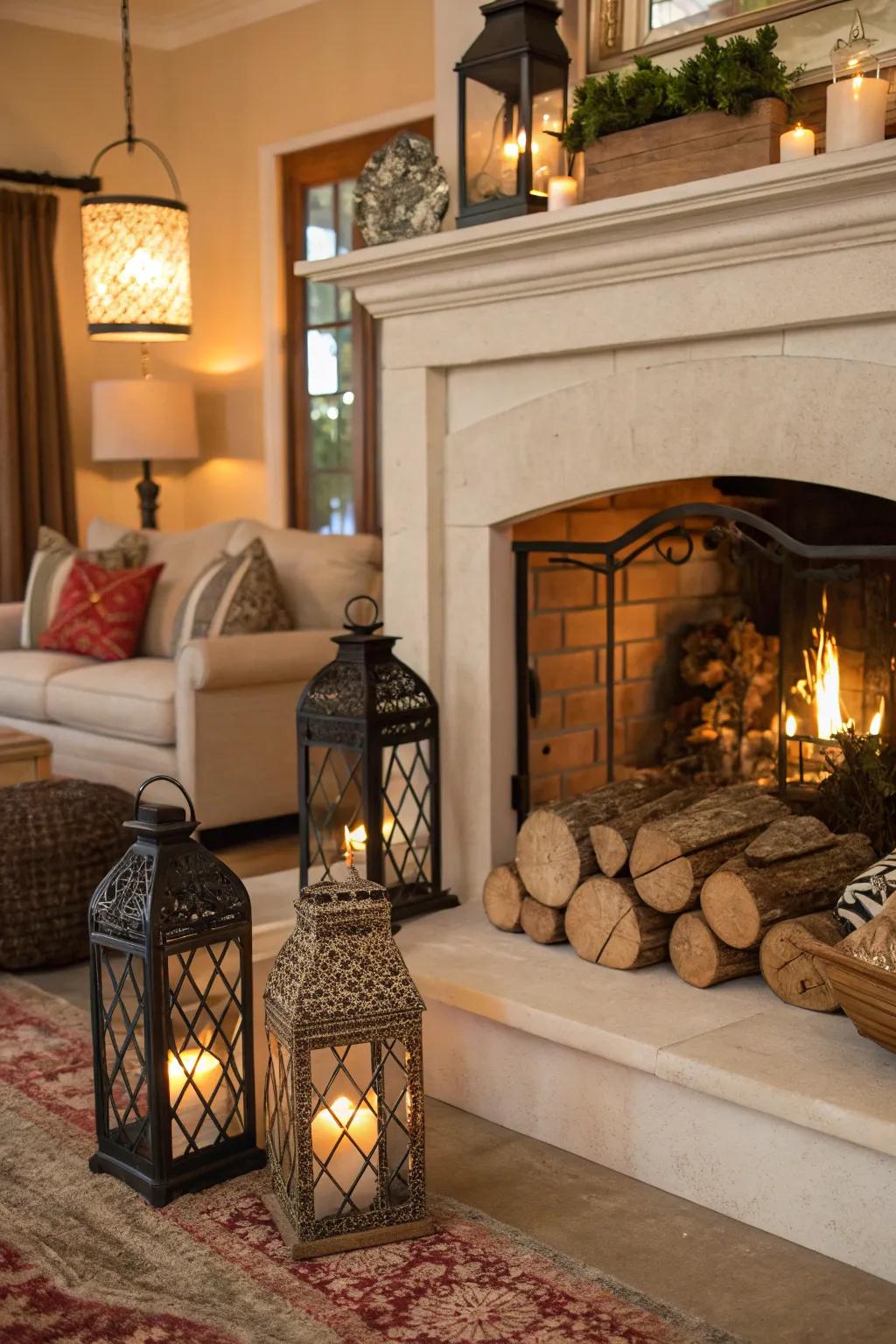 Lights introduce a rustic appeal to your fireplace.
