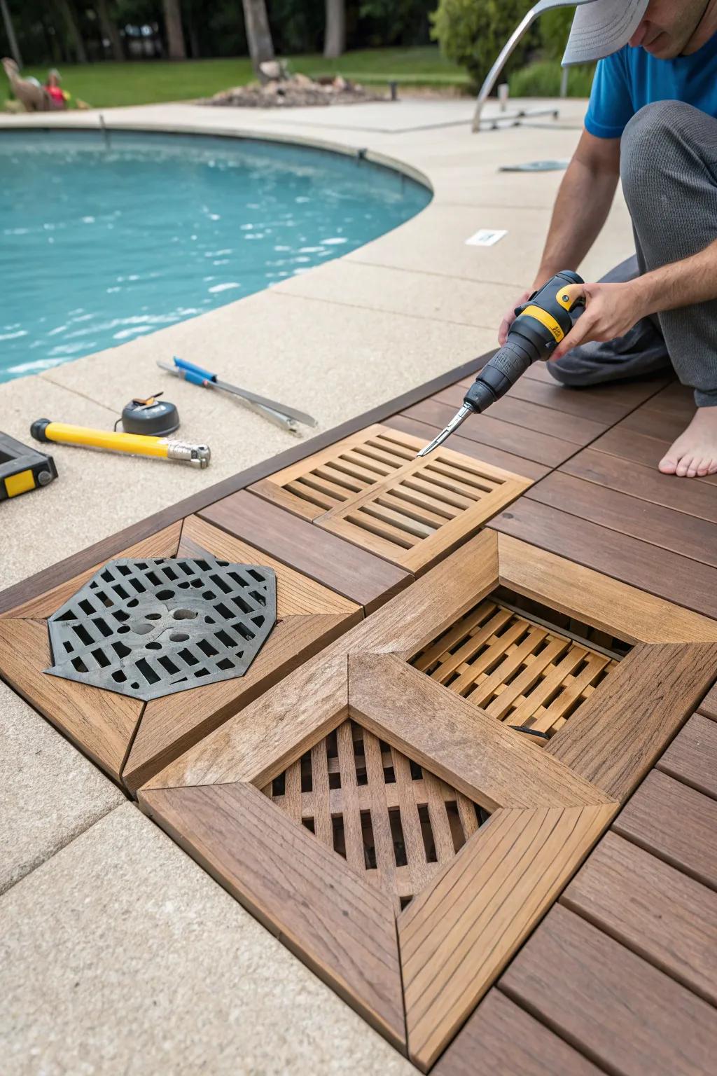 Handcrafted drain tops match the deck's aesthetic perfectly.