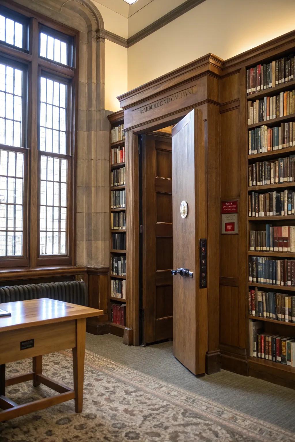 A bookcase door ingeniously concealing a utility space.