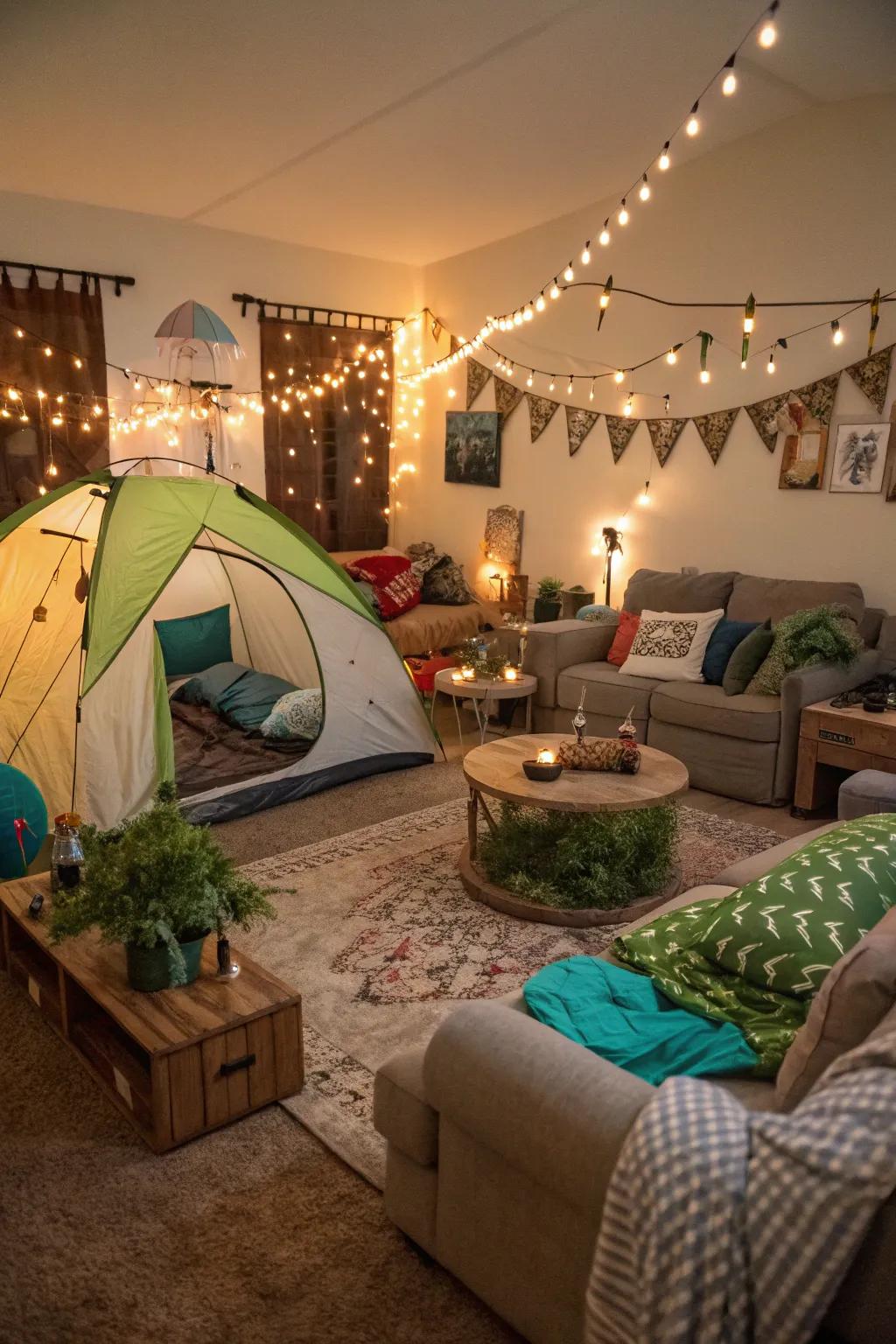 A fanciful indoor camping arrangement ideally suited for an adventurous gathering.