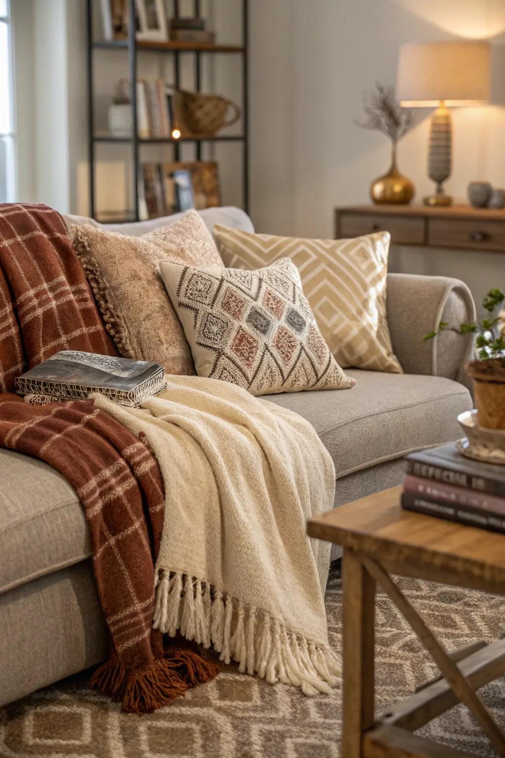 Layered textiles contribute depth and warmth to the overall decor.