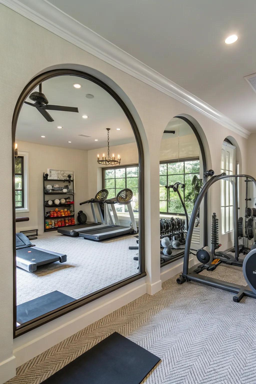 Arched mirrors add a trendy twist to this home gym.