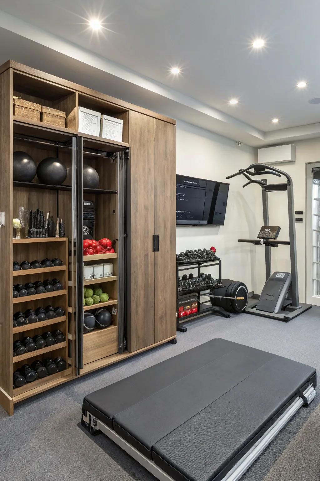 Hidden storage keeps your gym space tidy and uncluttered.