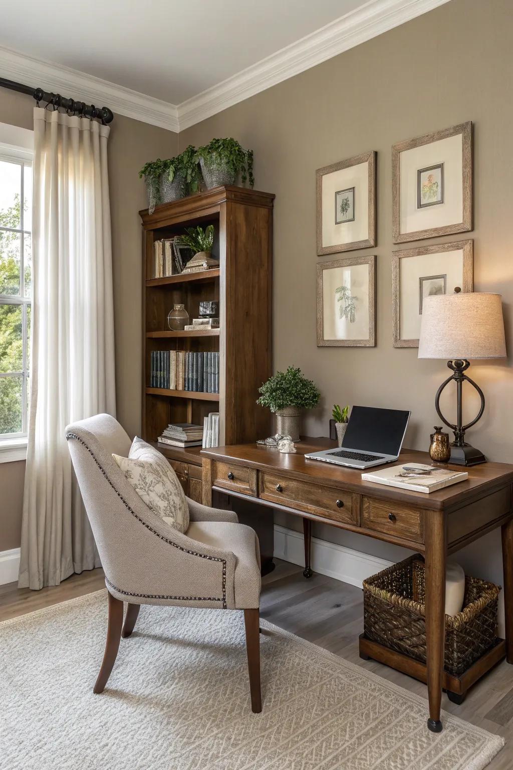 Taupe walls contribute warmth and sophistication to this home office.