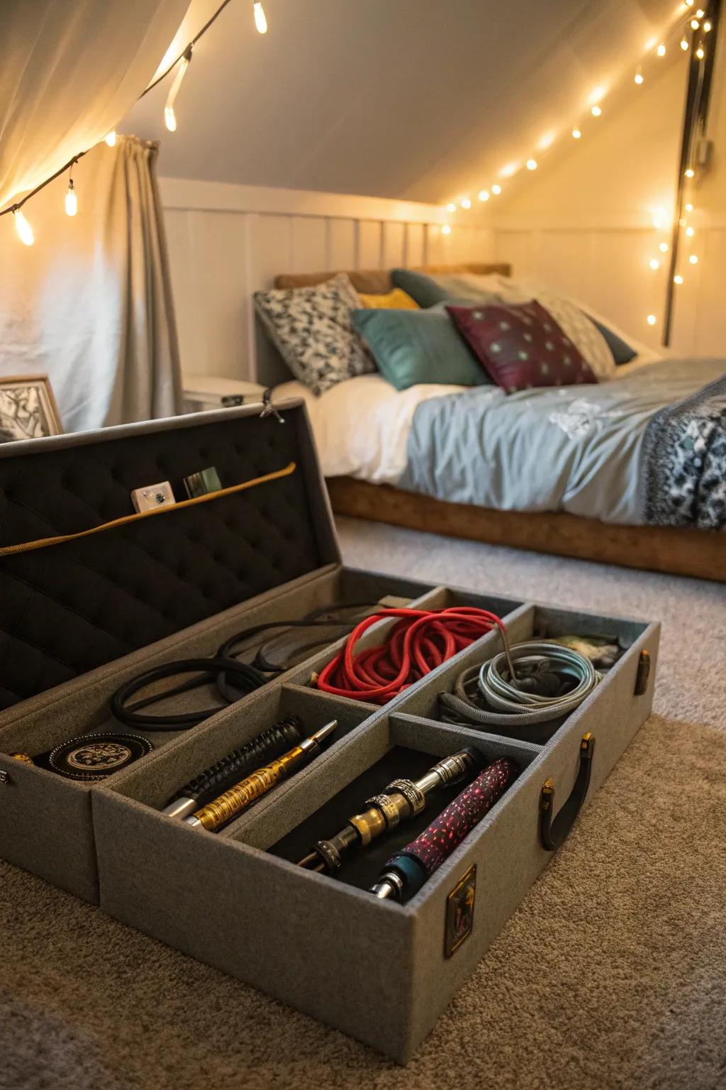 Under-the-bed storage offers a discreet solution for shisha supplies.