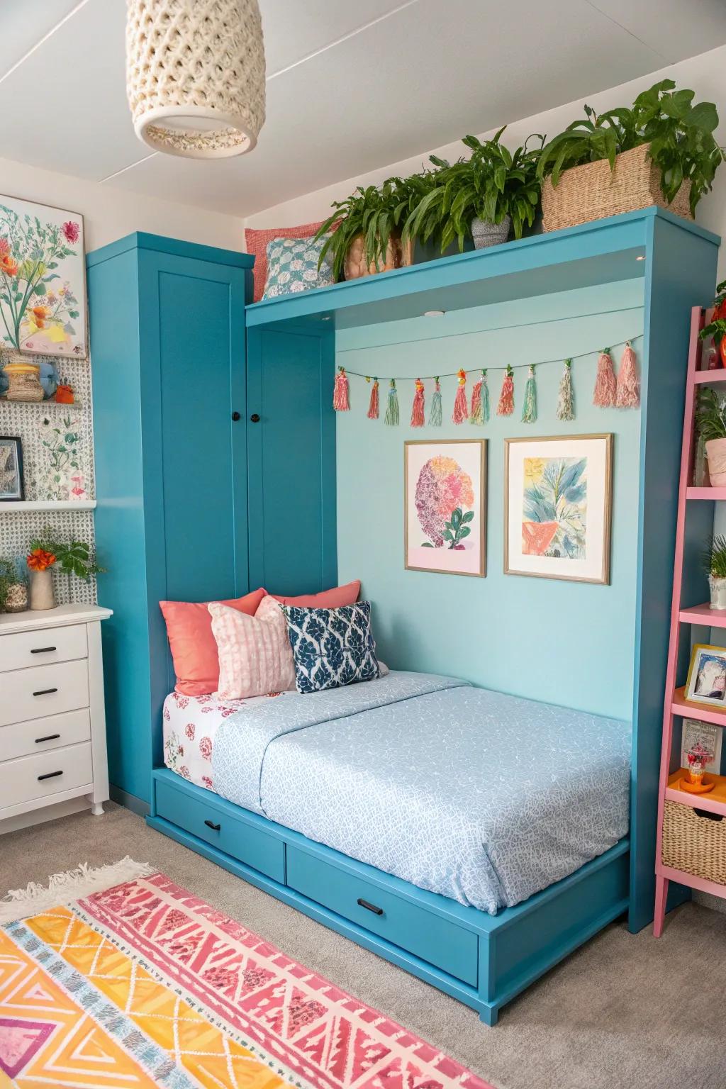 A dynamic room featuring a bold hideaway bed adding a lively touch within the space.