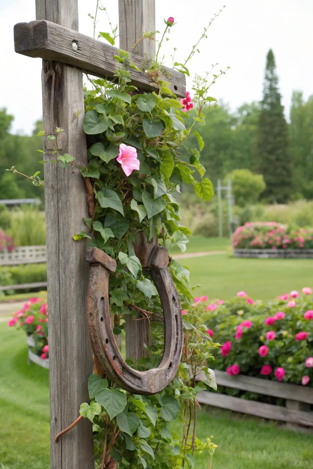 A horse collar acting as a delightful garden support.