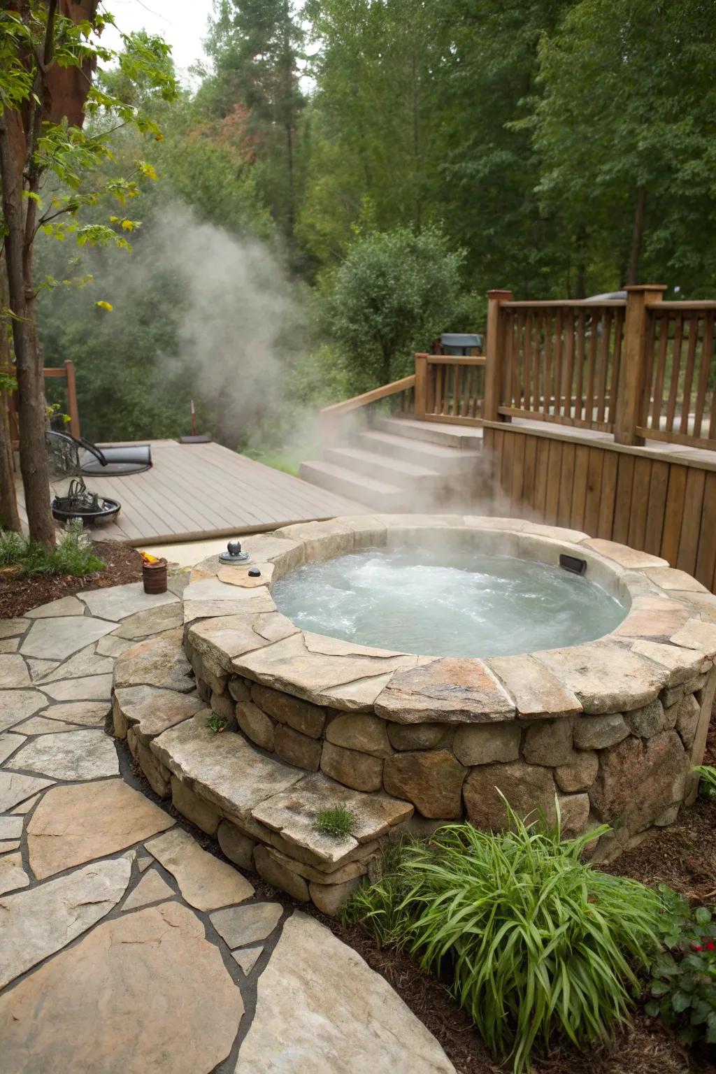 Create a natural ambiance using natural rock around your hot tub.