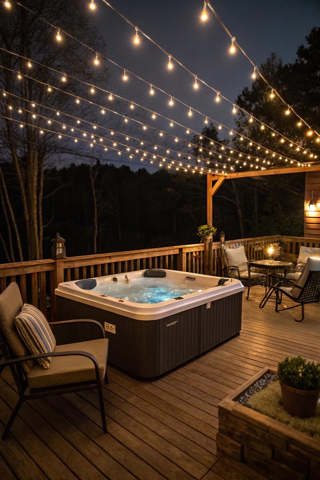Change your evenings by using twinkling lights above your hot tub.