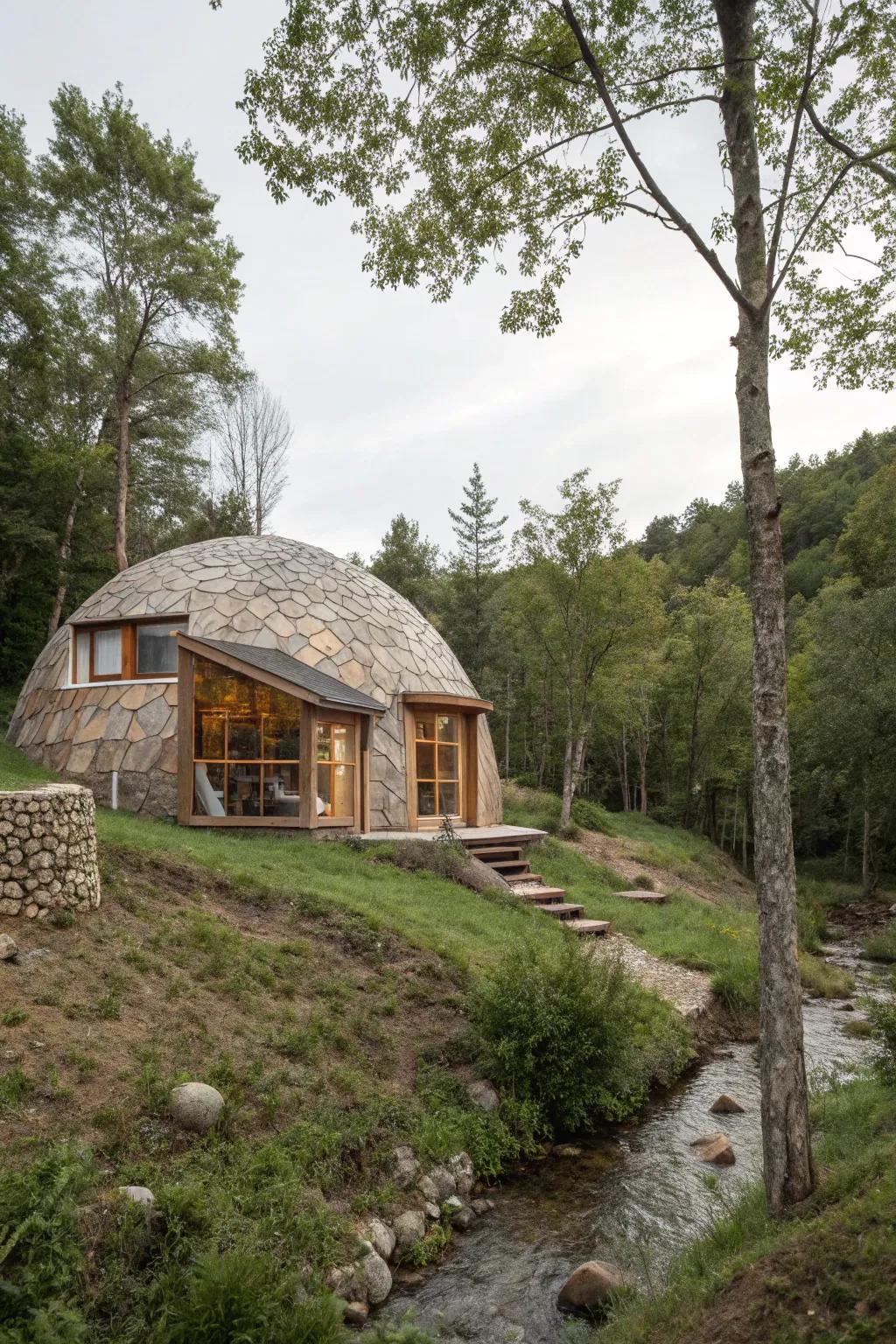 An earth home blending smoothly into its natural setting.