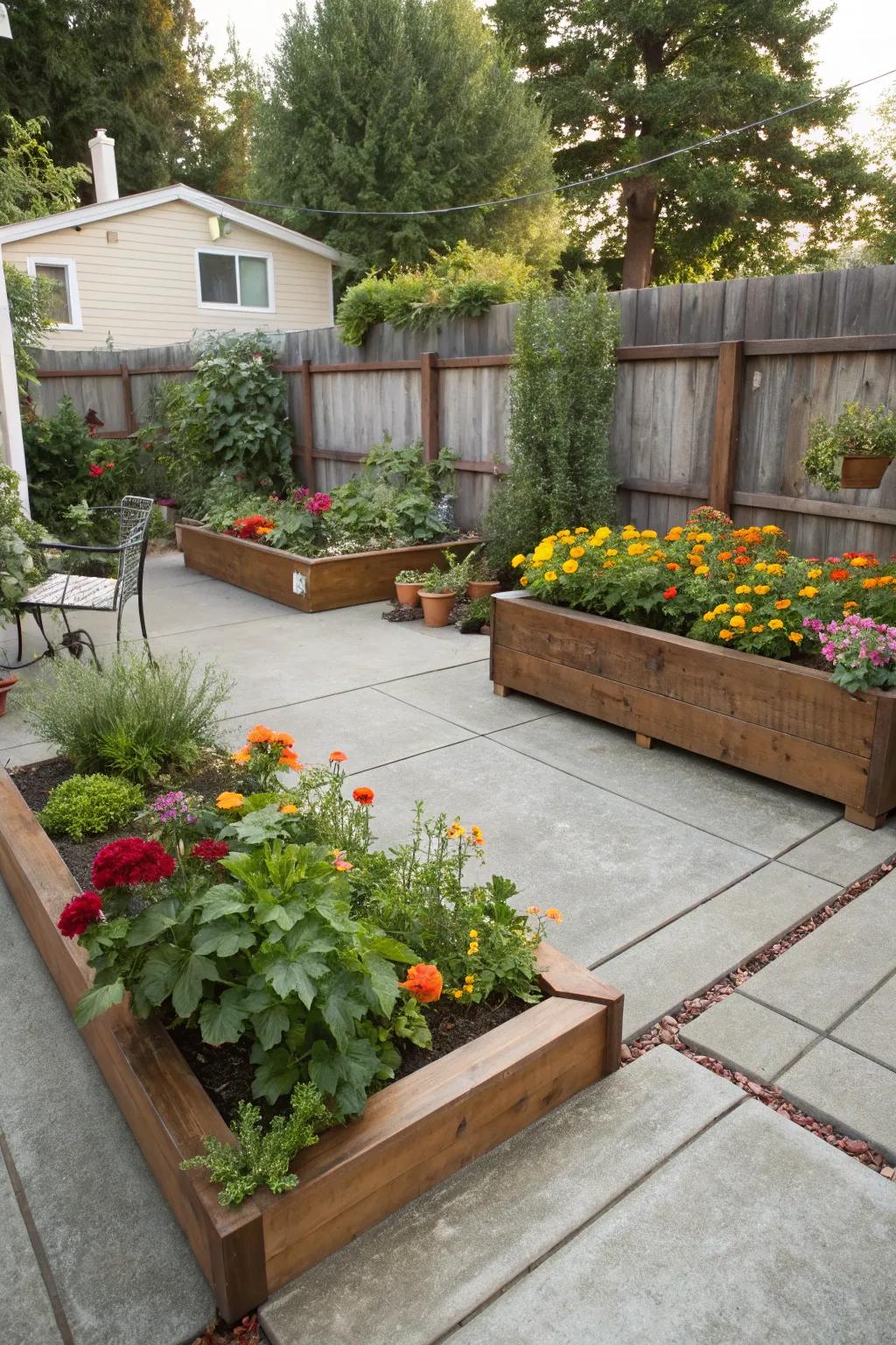 Raised garden beds add lush greenery and a personal touch to your patio.