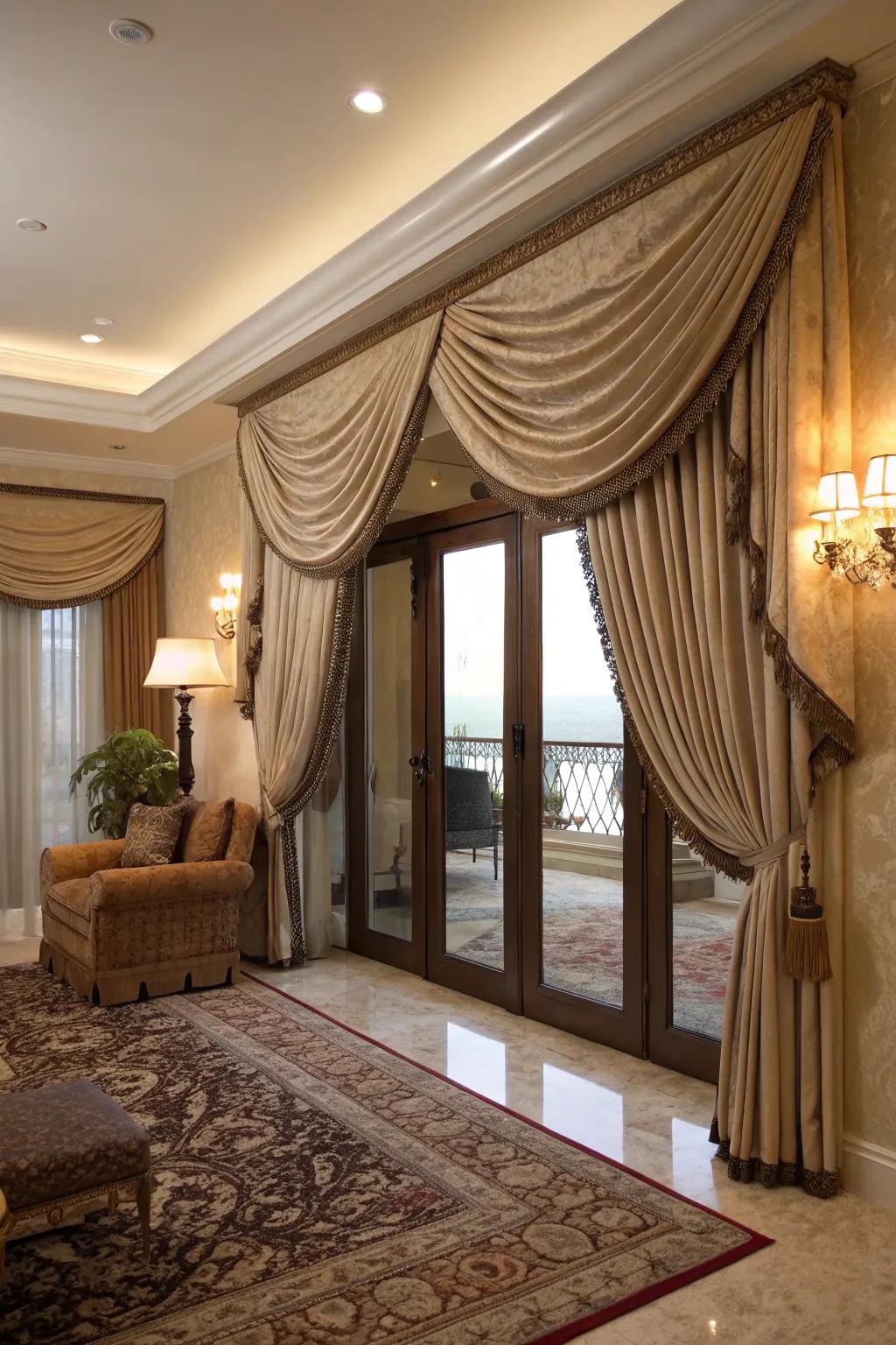 Layered drapery enhances dimension and luxury.