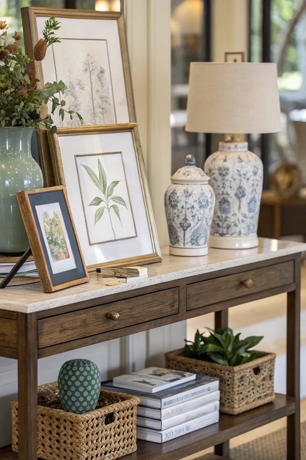 Layered art and design enhance depth to the console table setup.