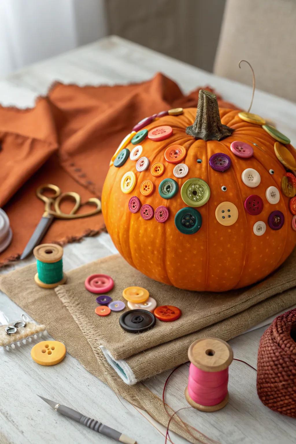 A button-adorned pumpkin showcasing creative craftsmanship.