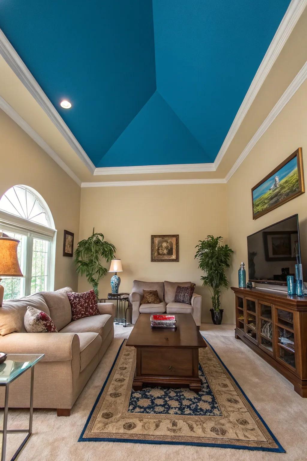 An audacious ceiling tint enlivens rooms with tall ceilings, introducing an element of surprise and intrigue.