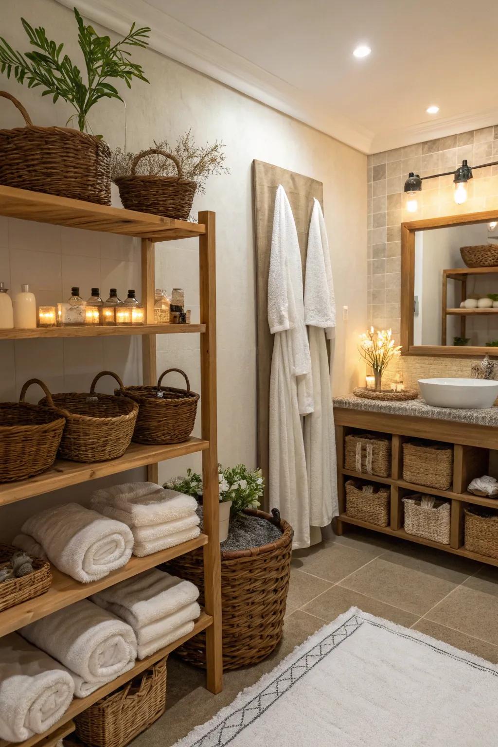 Baskets in bathrooms create an organized, spa-like vibe.
