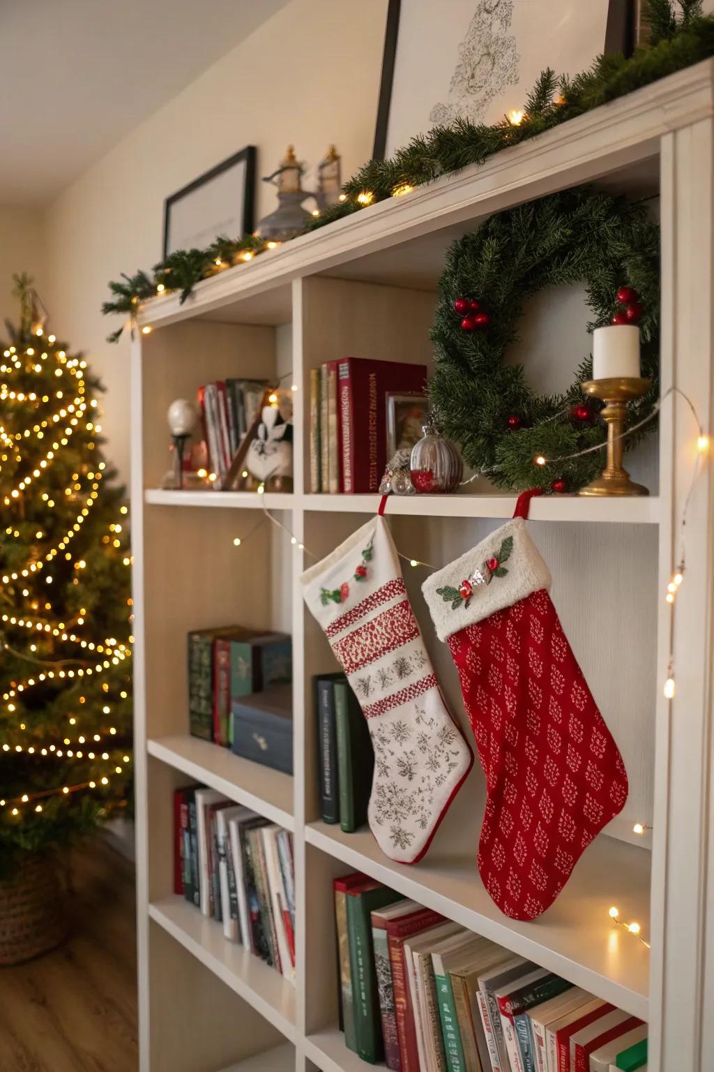 Bookshelves are easily turned into festive centerpieces.