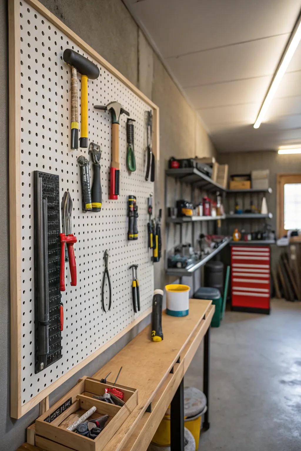 Pegboards turn walls into arranged tool displays.