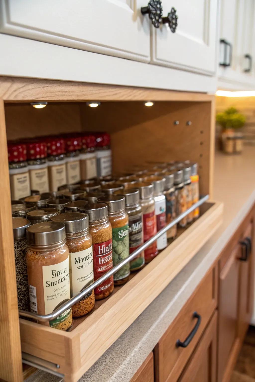 Sub-shelf storage ingeniously conceals and organizes spices.