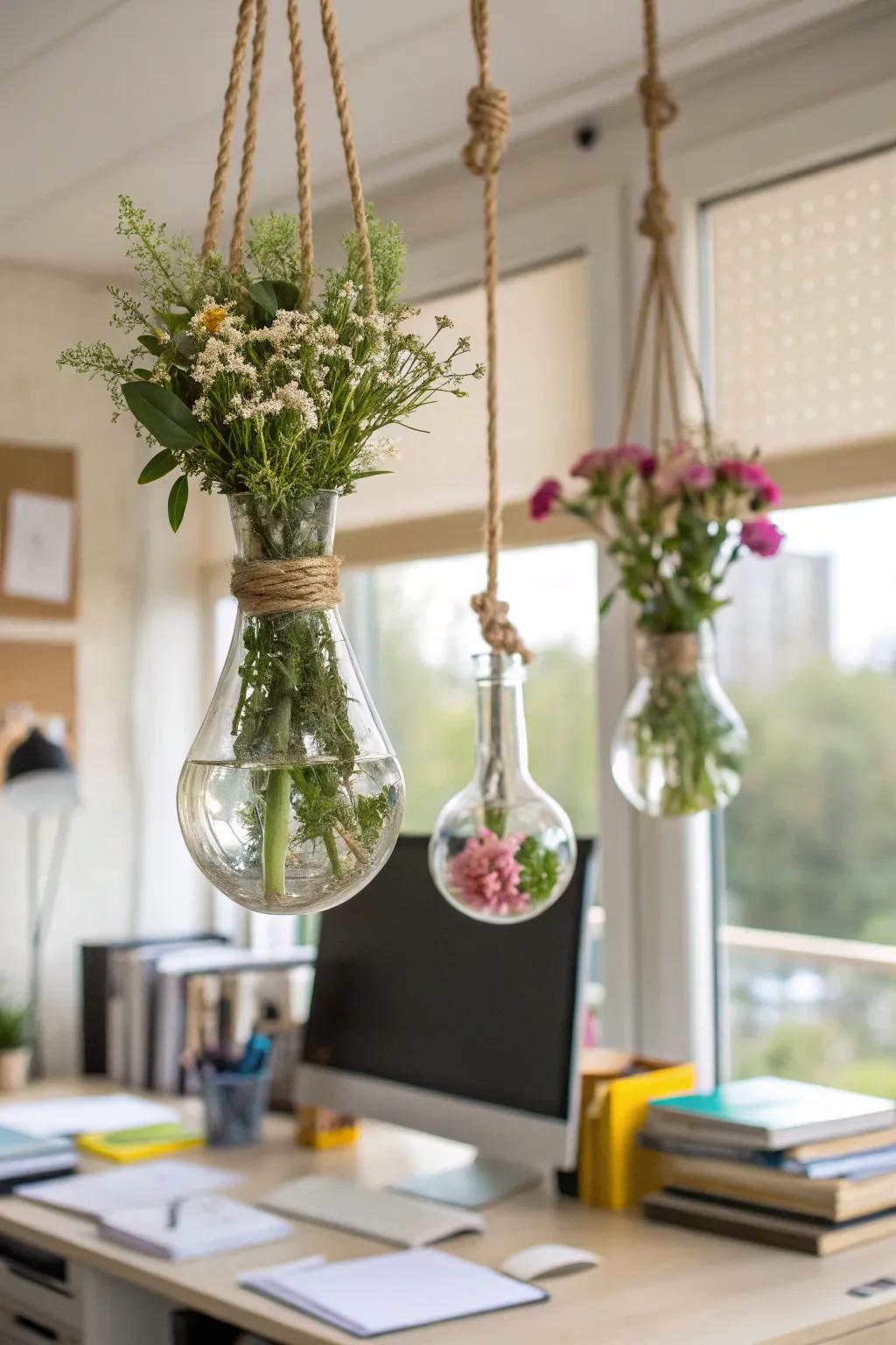 Suspended vases forming a vertical garden impression within a study.