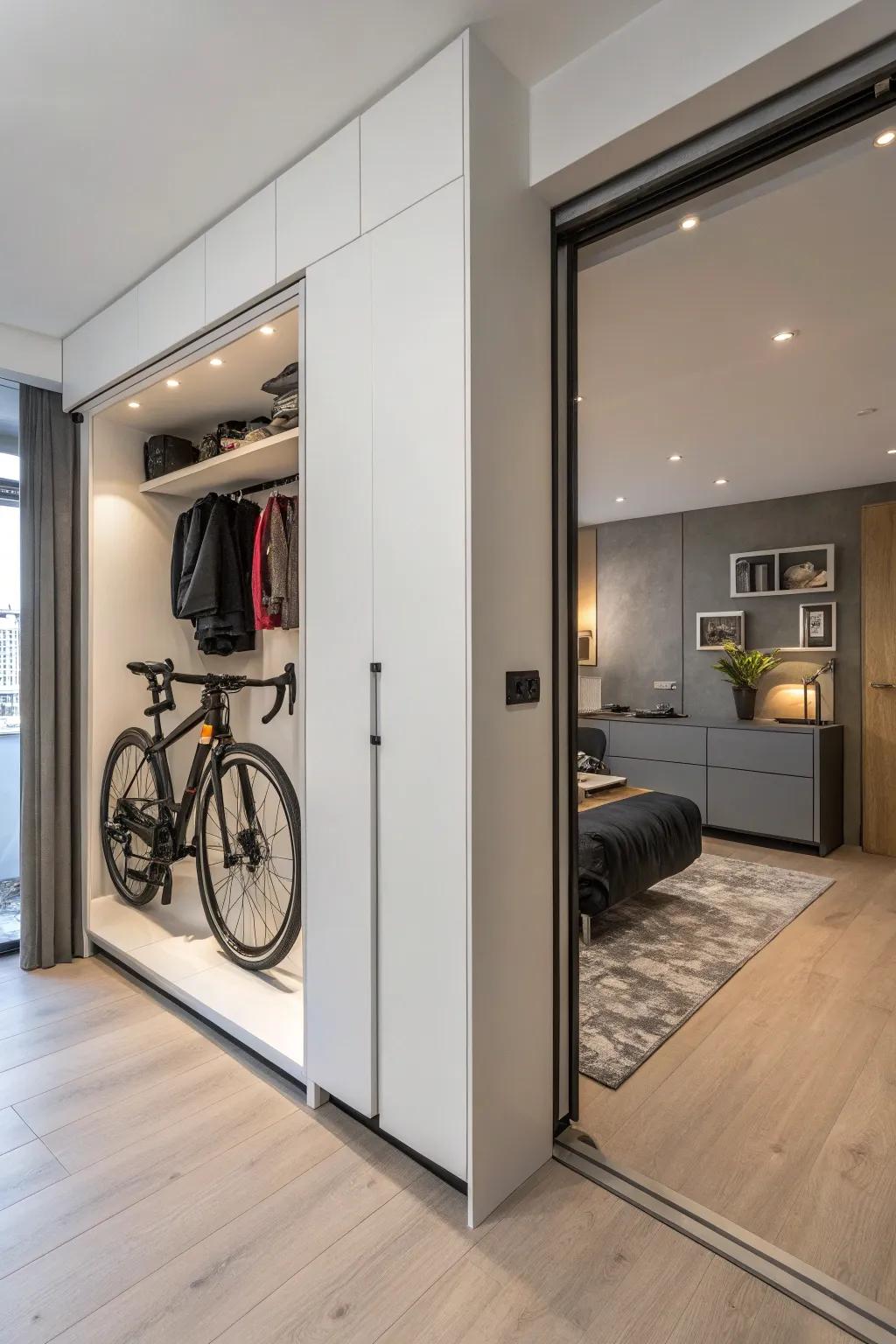 A closet transformed into hidden bicycle storage keeps things tidy.