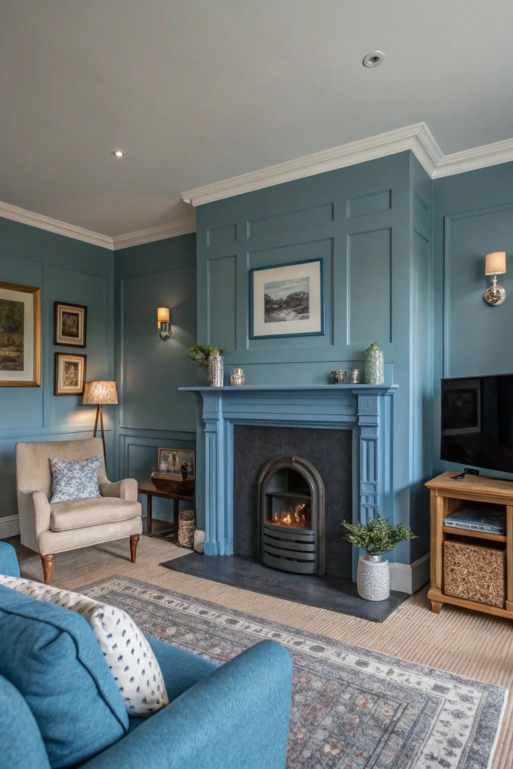 A living space with a monochromatic blue fireplace and matching walls, establishing a cohesive aesthetic.