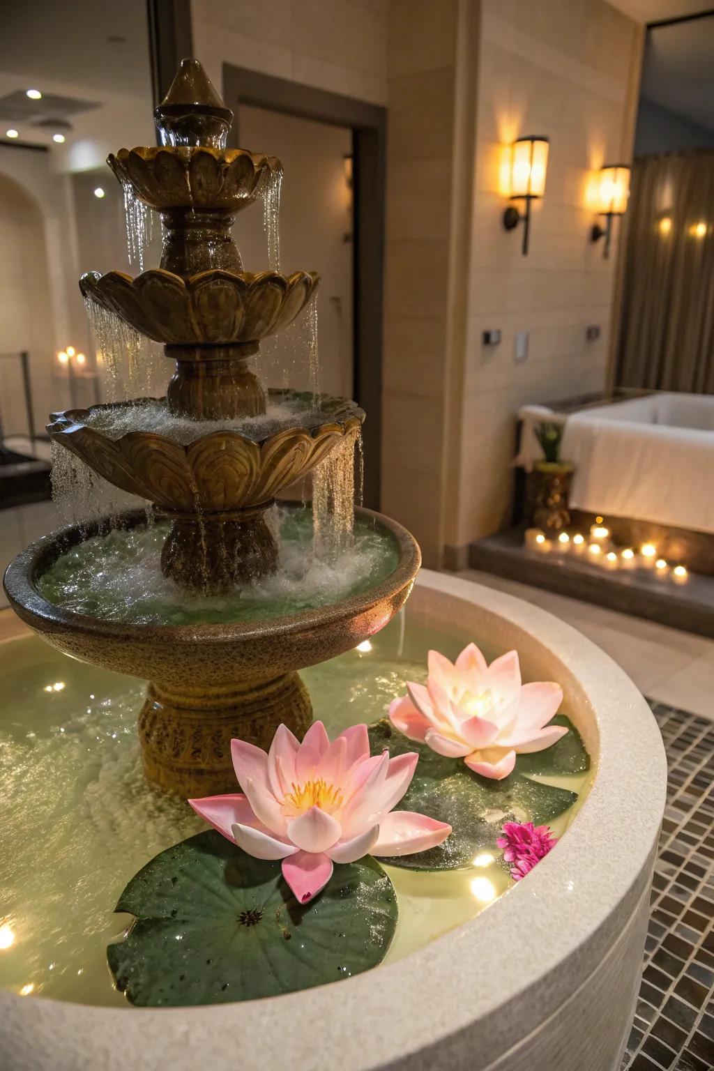 Floating lotus fountains bring an exotic and calming touch.
