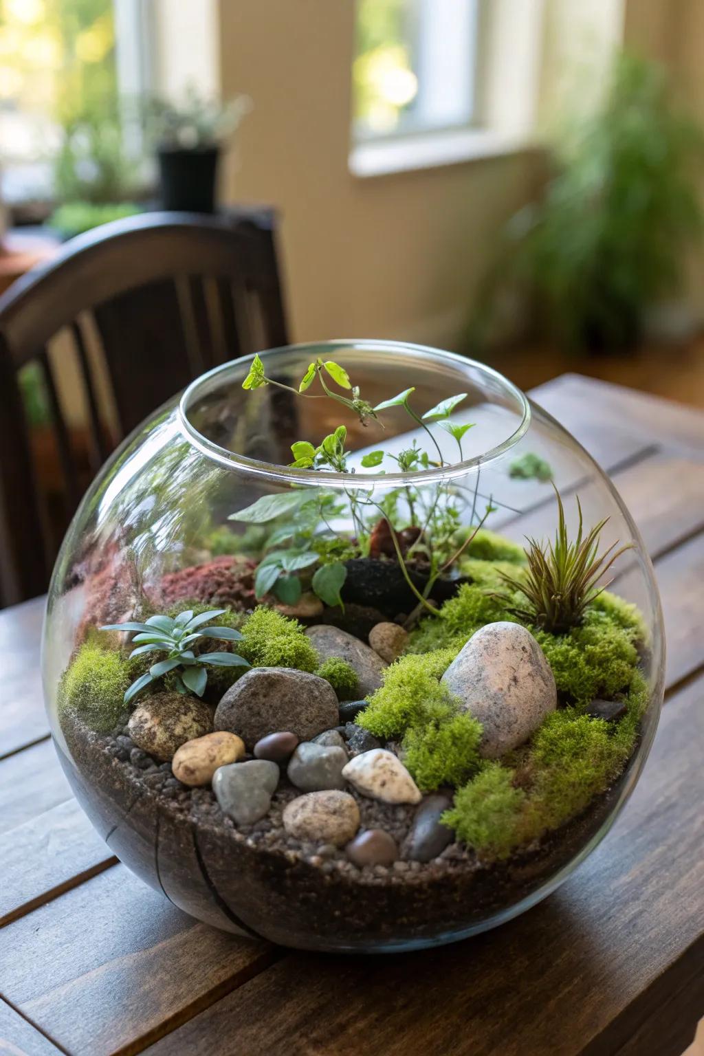 A glass-encased landscape presents a compelling glimpse into a miniature biosphere.