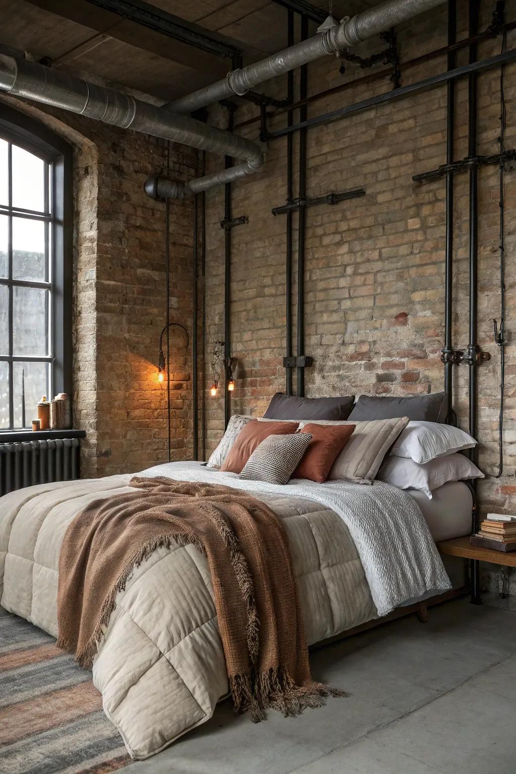Inviting bedding enhances warmth and comfort in this industrial bedroom.