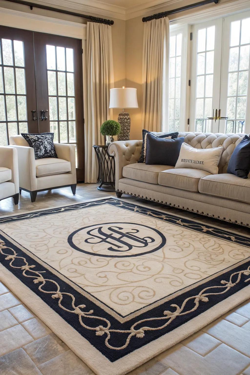 Add character with a monogram accent rug.