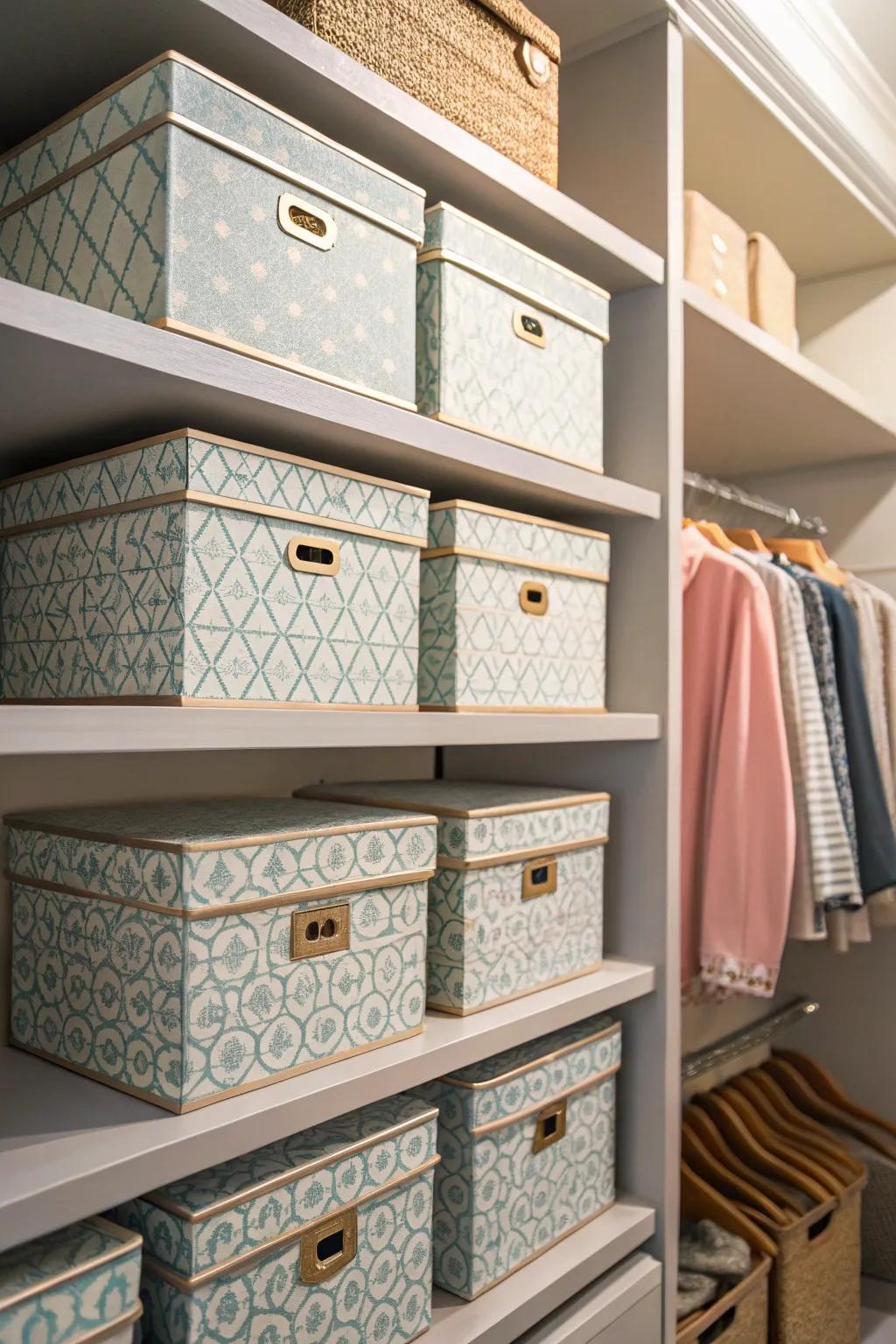 Achieve harmony in your closet using ornamental storage containers.